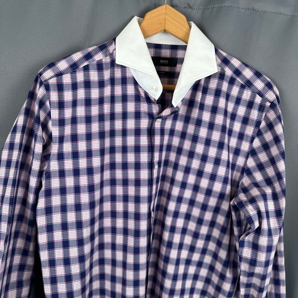 Hugo Boss Mens Slim Fit Check Dress Shirt Navy Pink White Collar 16 41 - Picture 2 of 9